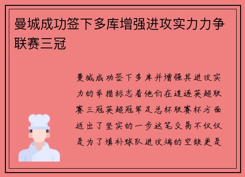 曼城成功签下多库增强进攻实力力争联赛三冠